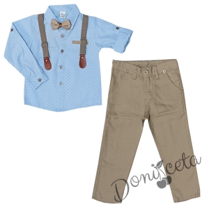 Детски комплект от риза с дълъг ръкав в светлосиньо с бежови точки, тиранти, папийонка и дълги панталоин в бежово 1