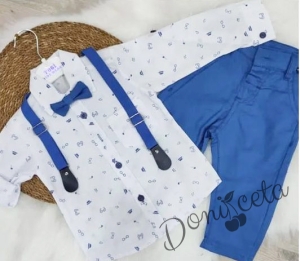 Комплект от панталон в светлосиньо, риза в бяло с орнаменти, тиранти и папийонка  87642278