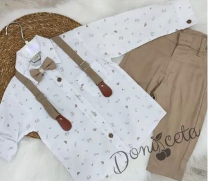 Комплект от панталон в бежово, риза в бяло с орнаменти, тиранти и папийонка 87643369