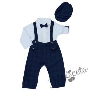 Бебешки комплект от раиран панталон с джобчета, тиранти и папийонка в тъмносиньо и риза в бяло с барета