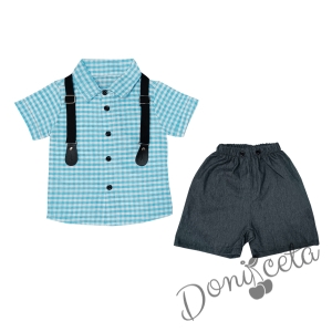 Детски/бебешки комплект за момче от карирана риза в бяло и светлосиньо и къси панталонки