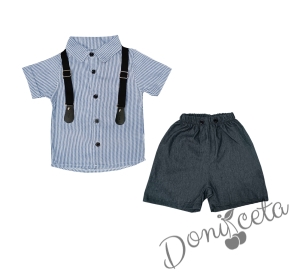Детски/бебешки комплект за момче от риза на райета в бяло и тъмносиньо и къси панталонки 1