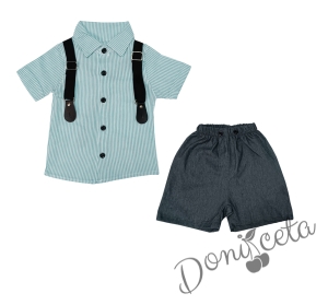 Детски/бебешки комплект за момче от риза на райета в бяло и зелено и къси панталонки