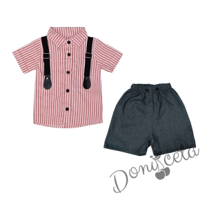 Детски/бебешки комплект за момче от риза на райета в бяло и червено и къси панталонки 1