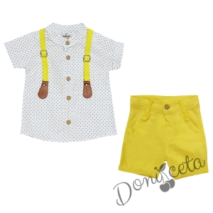 Set of trousers and suspenders in yellow and white shirt with dots