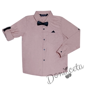 Children's shirt for boy with short/long sleeves in ash of roses with imitatingChildren's long sleeve shirt that can be rolled into an ash of roses with dark blue bow tie. pocket, handkerchief and bow tie