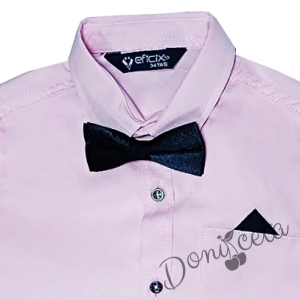 Детска риза за момче с къс/дълъг ръкав в розово с имитация на джобче, кърпичка и папийонка 2