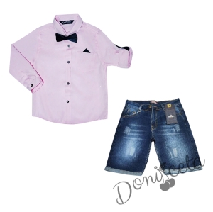 Комплект от риза в розово с папийонка и джобче с кърпичка и къси дънки в синьо  1