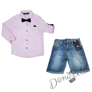 Комплект от риза в розово с папийонка и джобче с кърпичка и къси дънки в светлосиньо 