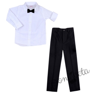 Комплект от панталон в черно и риза в бяло с дълъг ръкав и папийонка в черно
