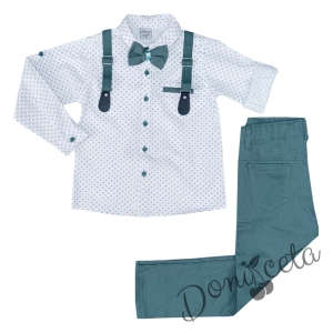 Комплект за момче от риза в бяло с дълъг ръкав и орнаменти, папийонка с тиранти и панталони в тъмнозелено