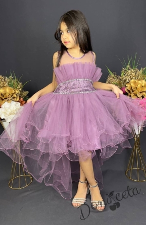Официална детска къса рокля Анджелина в лилаво с тюл без ръкав 