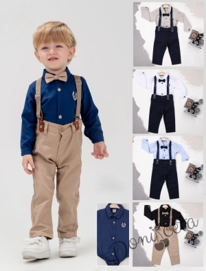 Бебешки комплект от боди-риза в тъмносиньо панталон,тиранти и папийонка в бежово 3578841 2