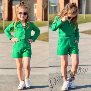 Детски сет за момиче в зелено от къси панталонки с джобчета, късо сако и потник 23232233 3