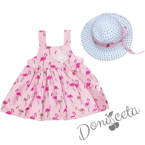 Ежедневна детска рокля с фламинго в розово с капела