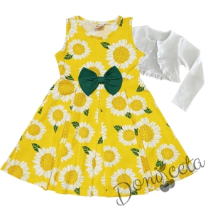Комплект от ежедневна/официална детска рокля със слънчогледи в жълто и панделка в зелено и болеро в бяло с къдрички 1