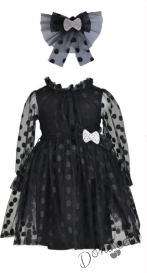 Официална детска рокля на точки в черно с тюл, дълъг ръкав, коланче и панделка за коса