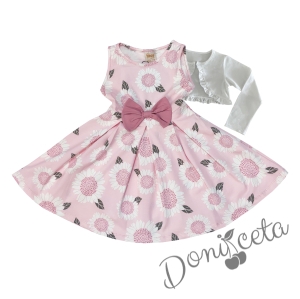 Комплект от ежедневна/официална детска рокля със слънчогледи и панделка отпред в розово и бяло болеро с къдрички 1