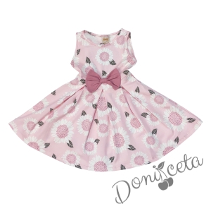 Комплект от ежедневна/официална детска рокля със слънчогледи и панделка отпред в розово и бяло болеро с къдрички 2