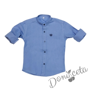 Set of shirt in light blue with emblem and short jeans in blue