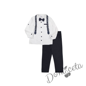 Children's set for boys in white shirt, polka dot bow tie with suspenders and dark blue trousers