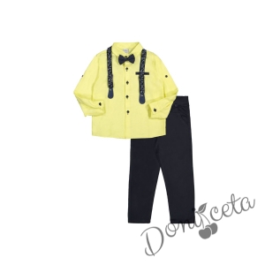 Children's set of dark blue trousers, yellow shirt, bow tie and suspenders with ornaments