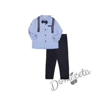 Children's set of dark blue trousers, light blue shirt, bow tie and suspenders with ornaments