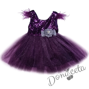 Детска официална рокля Даймънд в лилаво с пайети и тюл и цвете 3567413