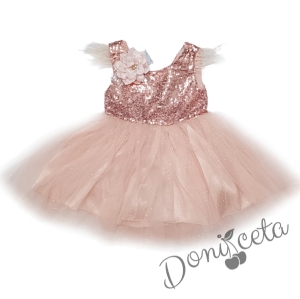 Детска официална рокля Даймънд в прасковено с пайети и тюл и щипка за коса цвете 3568524