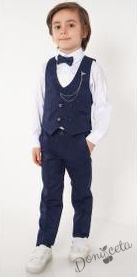 Официален костюм за момче от 4 части елек , риза в бяло, панталон и папийонка в тъмносиньо и брожка-верижка
