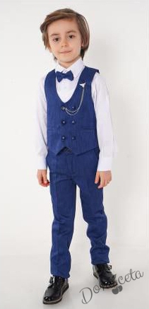 Официален костюм за момче от 4 части елек , риза в бяло, панталон и папийонка в синьо и брожка-верижка 1
