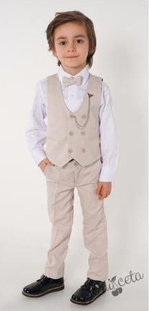 Официален костюм за момче от 4 части елек , риза в бяло, панталон и папийонка в бежово и брожка-верижка 1