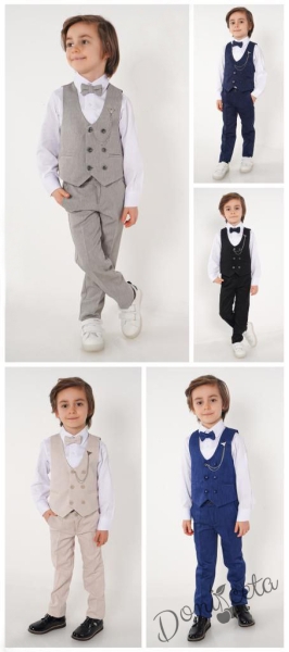 Официален костюм за момче от 4 части елек , риза в бяло, панталон и папийонка в бежово и брожка-верижка 2