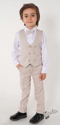 Официален комплект за момче от 4 части елек , риза в бяло, панталон и папийонка в бежово 1
