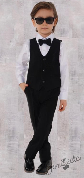 Официален костюм за момче от 4 части елек , риза в бяло, панталон и папийонка в черно 1
