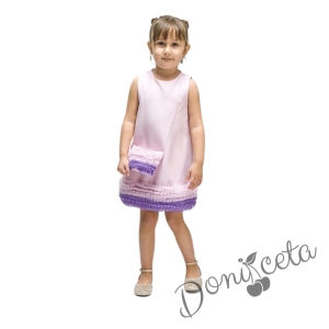 Официална детска рокля без ръкав с къдрички и чанта с къдрички в лилаво