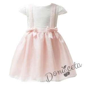 Официална бебешка рокля с къс ръкав на райе с розова пола 2
