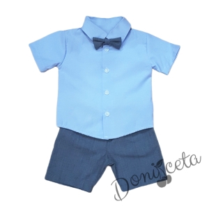 Бебешки комплект от риза в светлосиньо, къси панталонки и папийонка в тъмносиньо 1