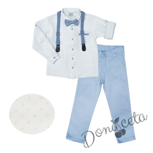 Комплект за момче от риза в бяло с дълъг/къс ръкав и орнаменти, папионка с тиранти и панталони в светлосиньо 1