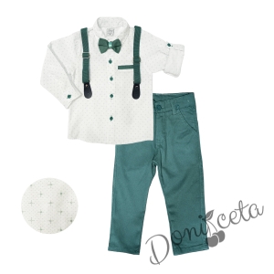Комплект за момче от риза в бяло с дълъг/къс ръкав и орнаменти, папионка с тиранти и панталони в тюркоаз/мента 1