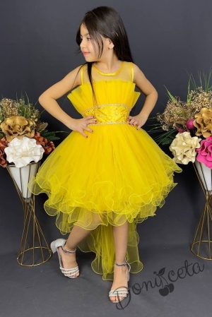 Официална детска къса рокля Анджелина в жълто с тюл без ръкав с шлейф
