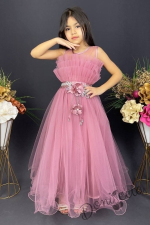 Официална детска дълга рокля Анджелина в розово с тюл без ръкав 