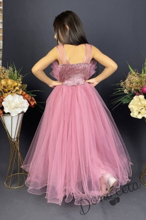 Официална детска дълга рокля Анджелина в розово с тюл без ръкав  2