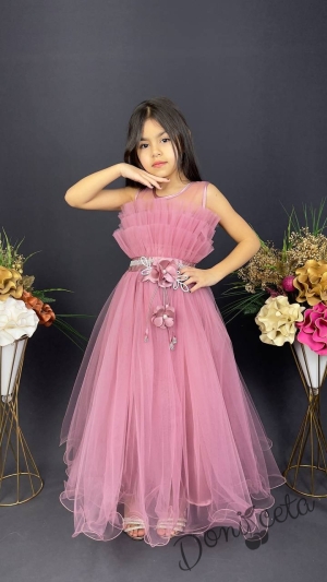 Официална детска дълга рокля Анджелина в розово с тюл без ръкав  3