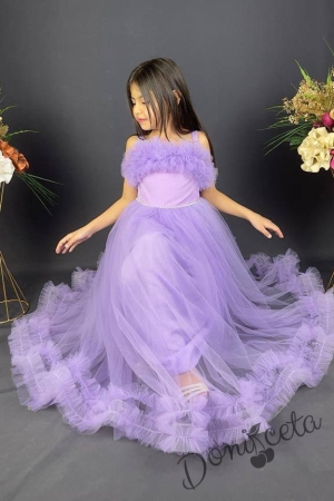 Официална детска дълга рокля Аделина в лилаво с тюл без ръкав и харбала в долната част