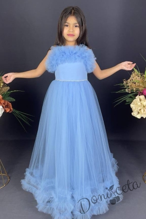 Официална детска дълга рокля Аделина в светлосиньо с тюл без ръкав и харбала в долната част