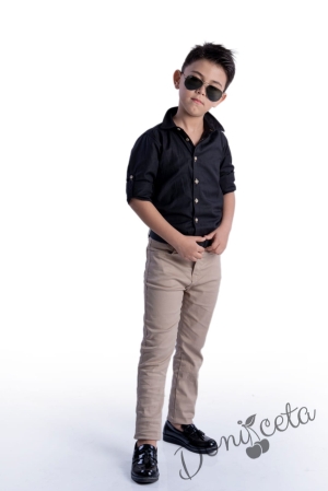 Детски комплект от риза с дълъг ръкав в черно и дълъг панталон в бежово