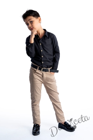 Детски комплект от риза с дълъг ръкав в черно и дълъг панталон в бежово с колан в черно  6