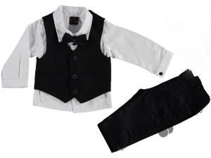Официален костюм за момче от 4 части - риза в бяло, панталон, елек и папийонка в черно 3317788