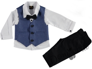 Официален костюм за момче от 4 части - елек в светлосиньо риза в бяло, панталон и папийонка в черно 3317799